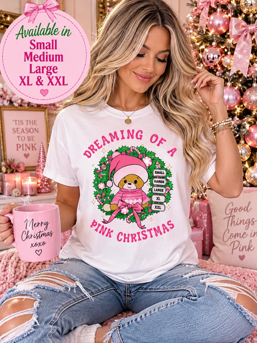 🎀 Cute Christmas Tee – “Dreaming of a Pink Christmas” 🎄💗